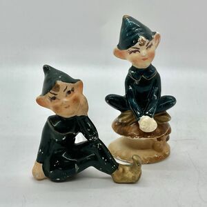 Vintage 2pc Enesco Green St. Patrick's Day Elf Pixie Figurines Japan Christmas